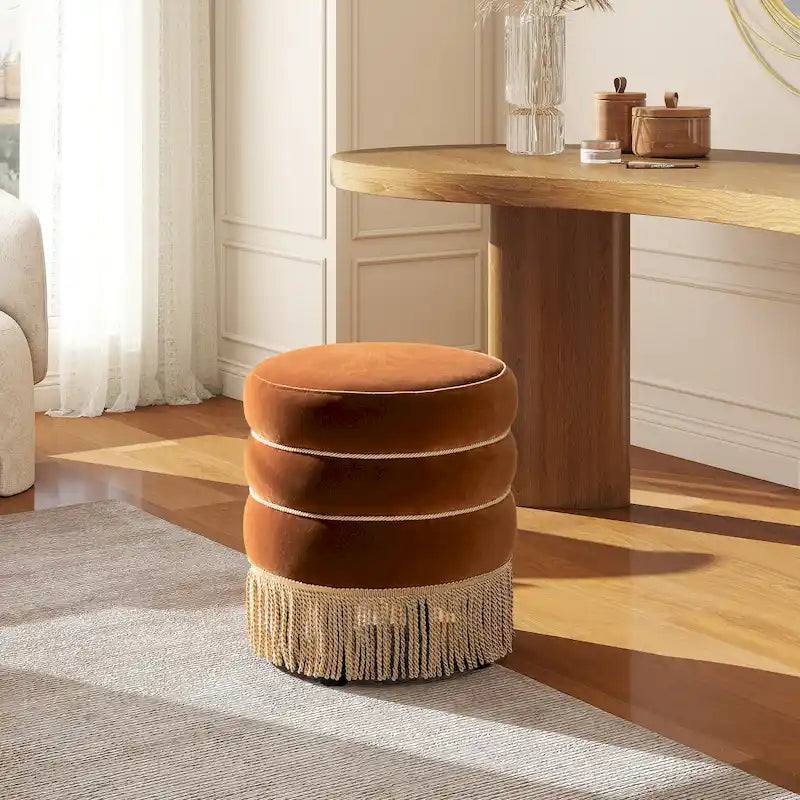 17.5" Round Upholstered Ottoman with Gold Bullion Fringe