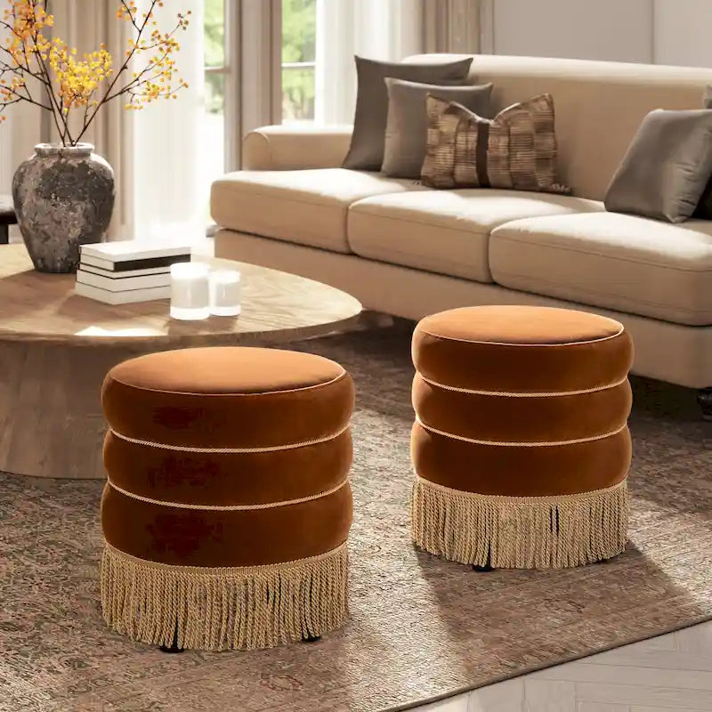 17.5" Round Upholstered Ottoman with Gold Bullion Fringe