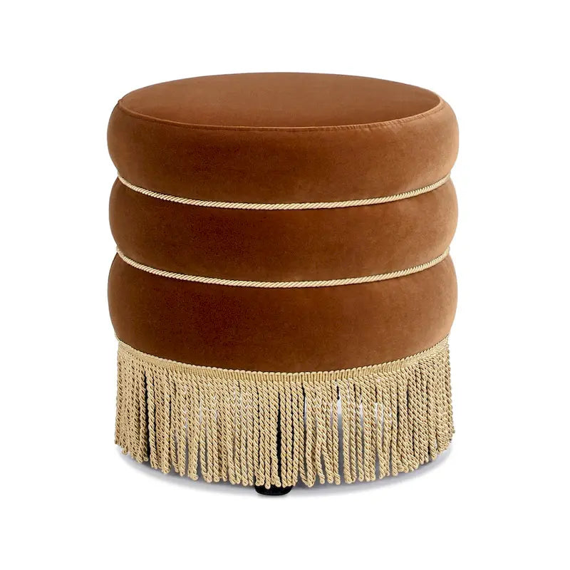 17.5" Round Upholstered Ottoman with Gold Bullion Fringe