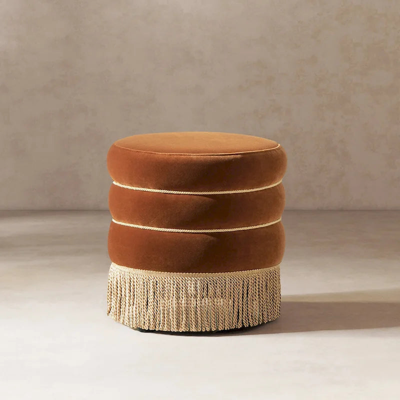 17.5" Round Upholstered Ottoman with Gold Bullion Fringe