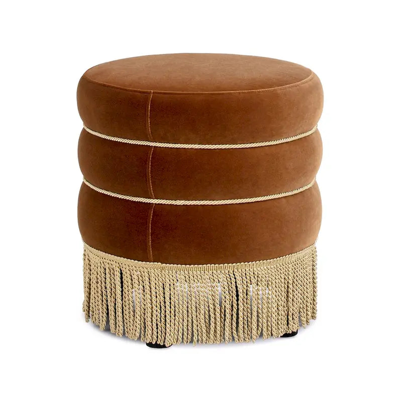 17.5" Round Upholstered Ottoman with Gold Bullion Fringe