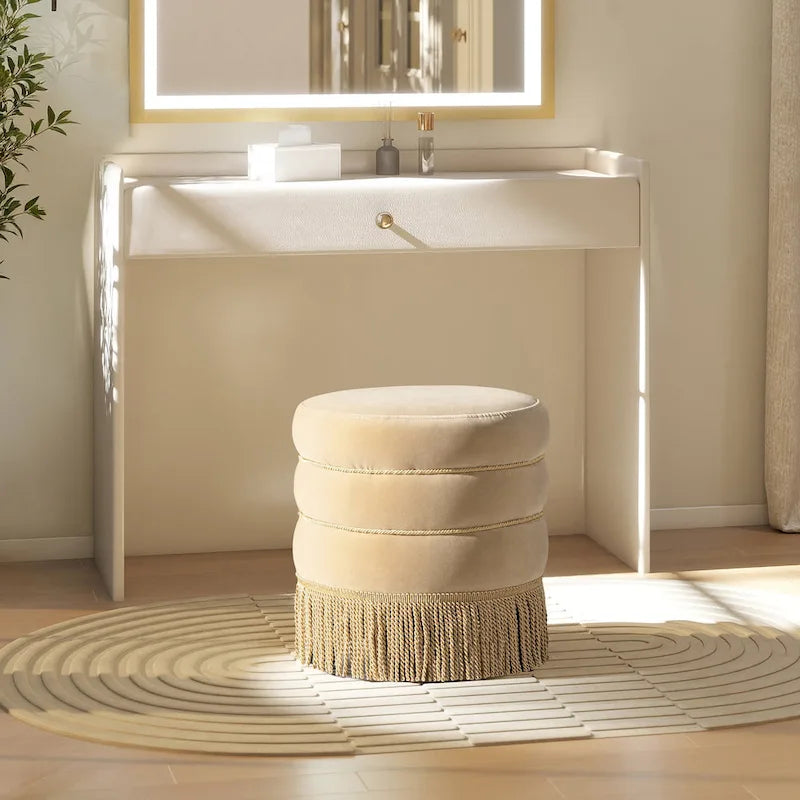 17.5" Round Upholstered Ottoman with Gold Bullion Fringe