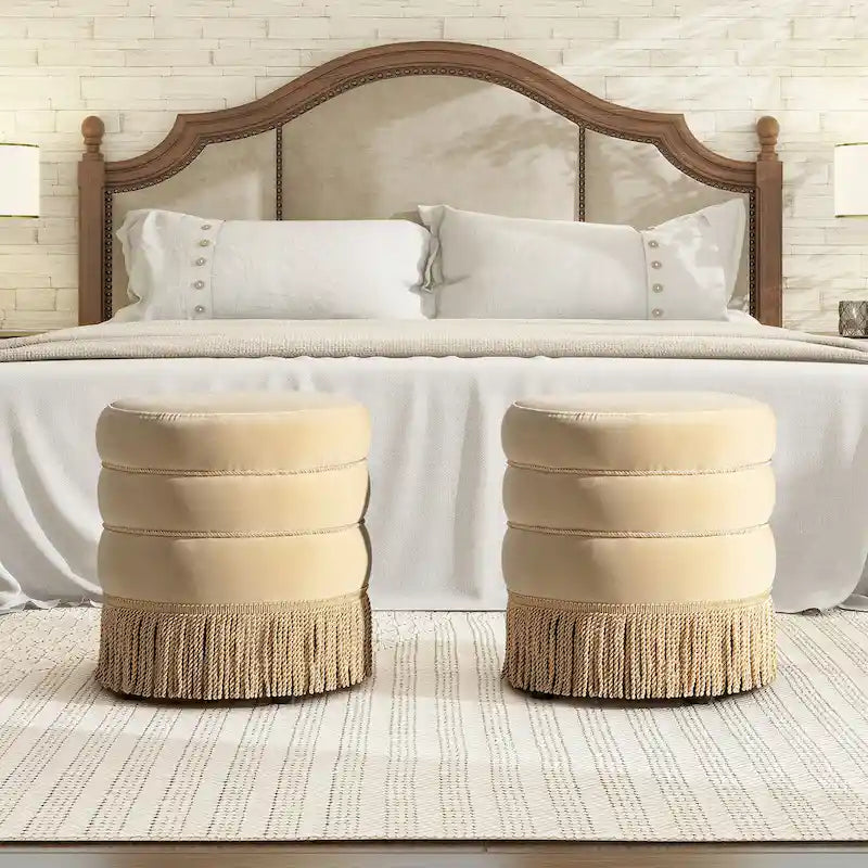 17.5" Round Upholstered Ottoman with Gold Bullion Fringe
