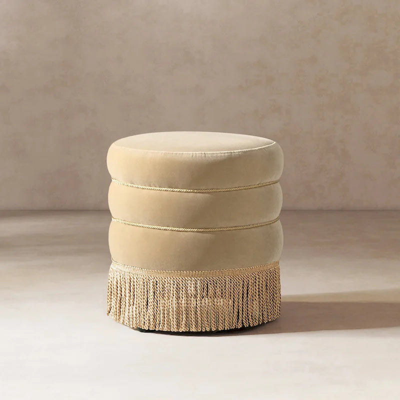 17.5" Round Upholstered Ottoman with Gold Bullion Fringe
