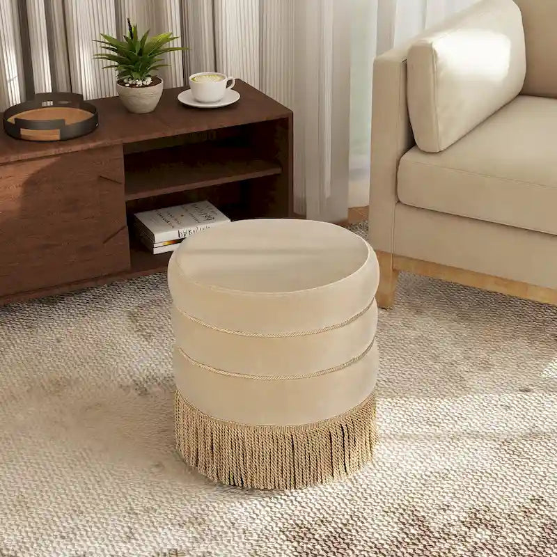 17.5" Round Upholstered Ottoman with Gold Bullion Fringe