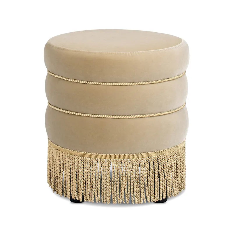17.5" Round Upholstered Ottoman with Gold Bullion Fringe