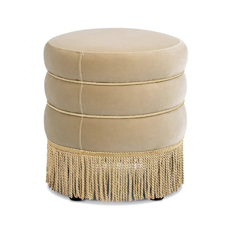 17.5" Round Upholstered Ottoman with Gold Bullion Fringe