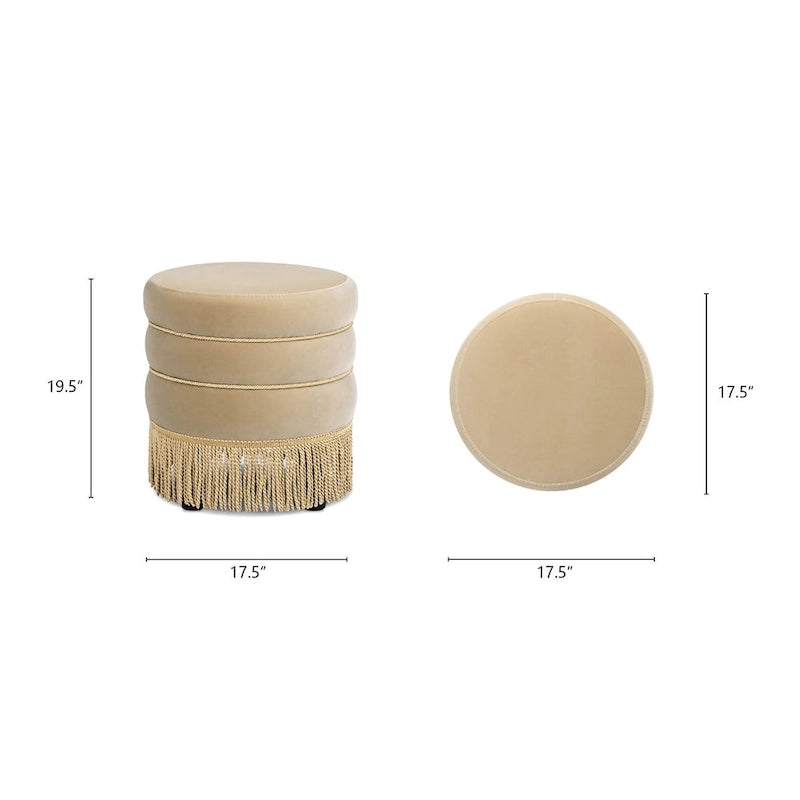 17.5" Round Upholstered Ottoman with Gold Bullion Fringe