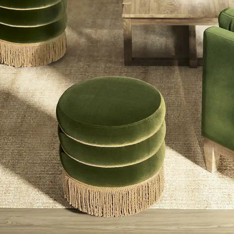 17.5" Round Upholstered Ottoman with Gold Bullion Fringe