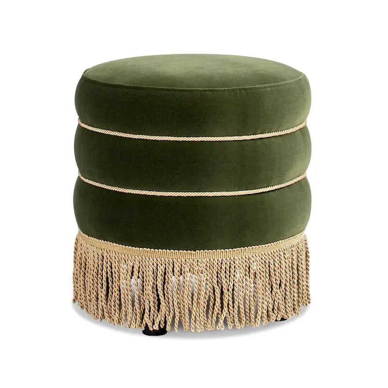 17.5" Round Upholstered Ottoman with Gold Bullion Fringe