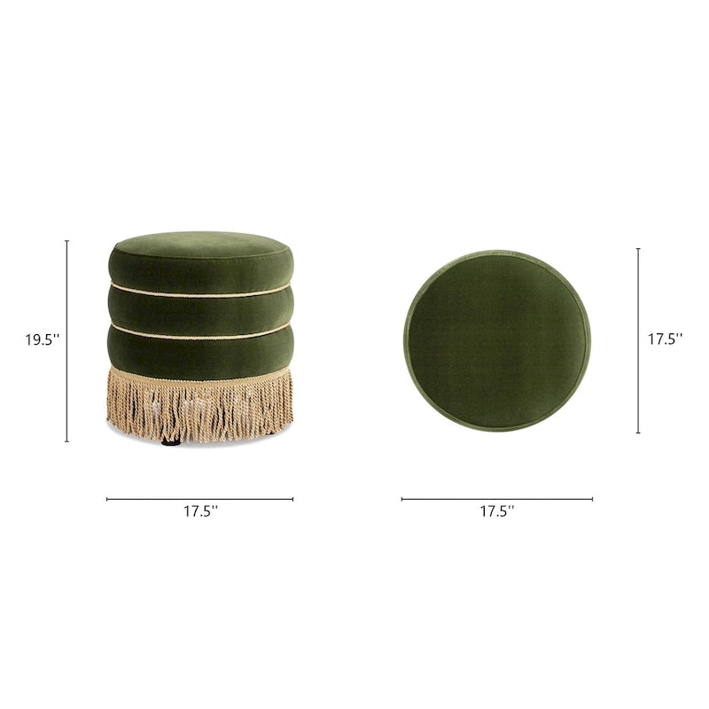 17.5" Round Upholstered Ottoman with Gold Bullion Fringe