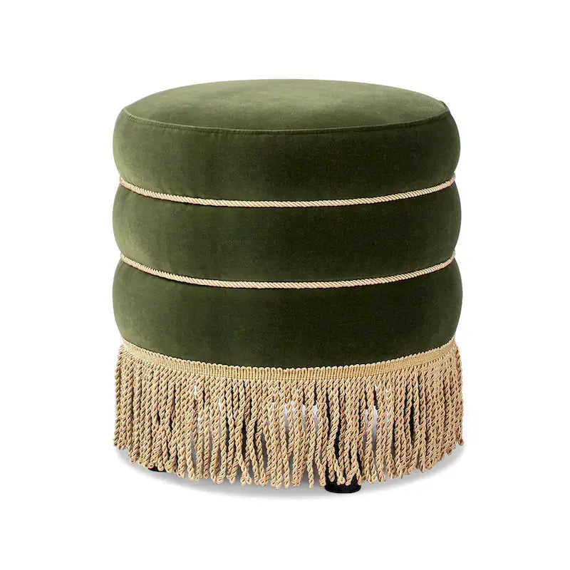 17.5" Round Upholstered Ottoman with Gold Bullion Fringe