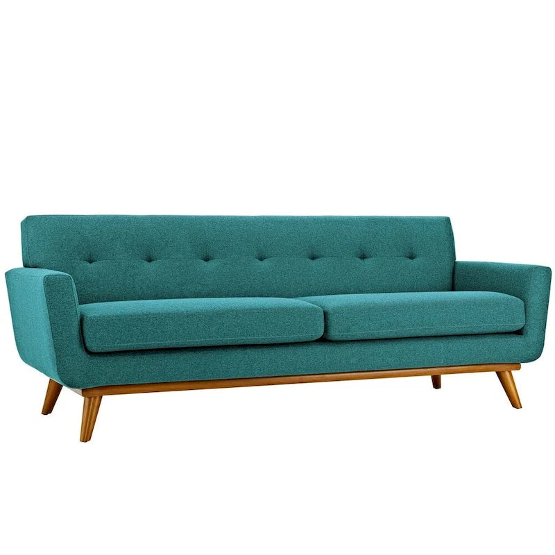 Upholstered Tufted Sofa with Cherry Rubberwood Legs