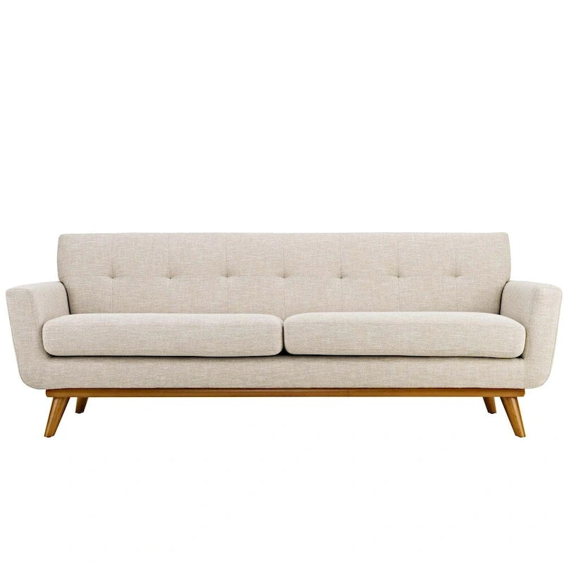 Upholstered Tufted Sofa with Cherry Rubberwood Legs