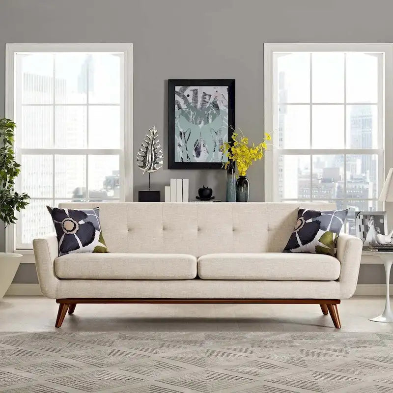 Upholstered Tufted Sofa with Cherry Rubberwood Legs