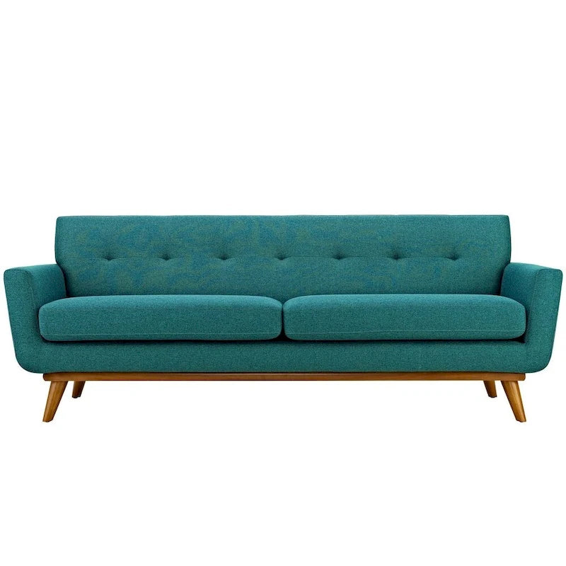 Upholstered Tufted Sofa with Cherry Rubberwood Legs