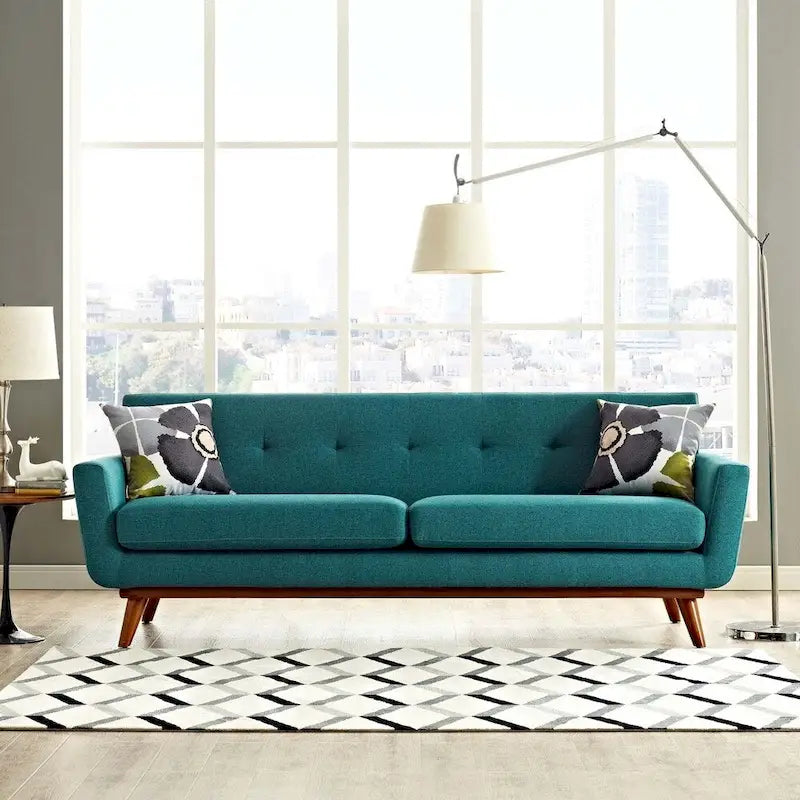 Upholstered Tufted Sofa with Cherry Rubberwood Legs