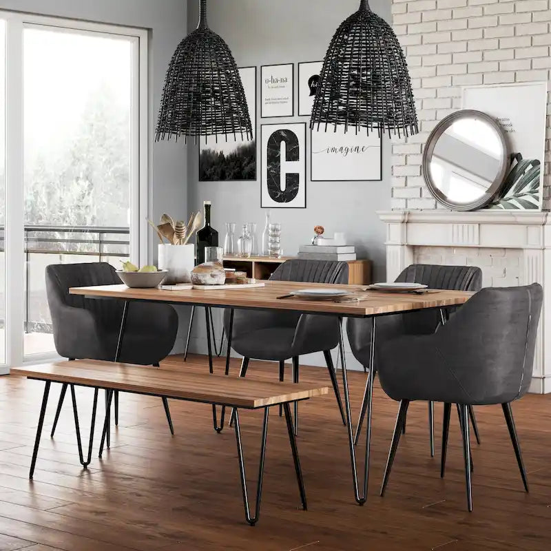 Industrial Solid Wood Dining Table with Black Hairpin Legs