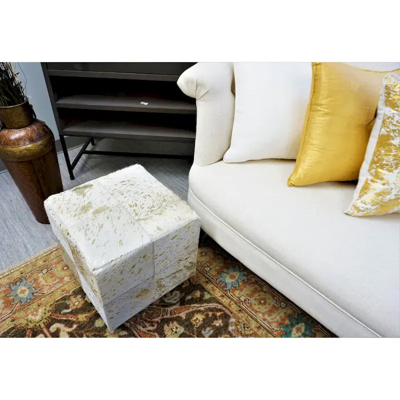Gold Leather Square Cube Pouf