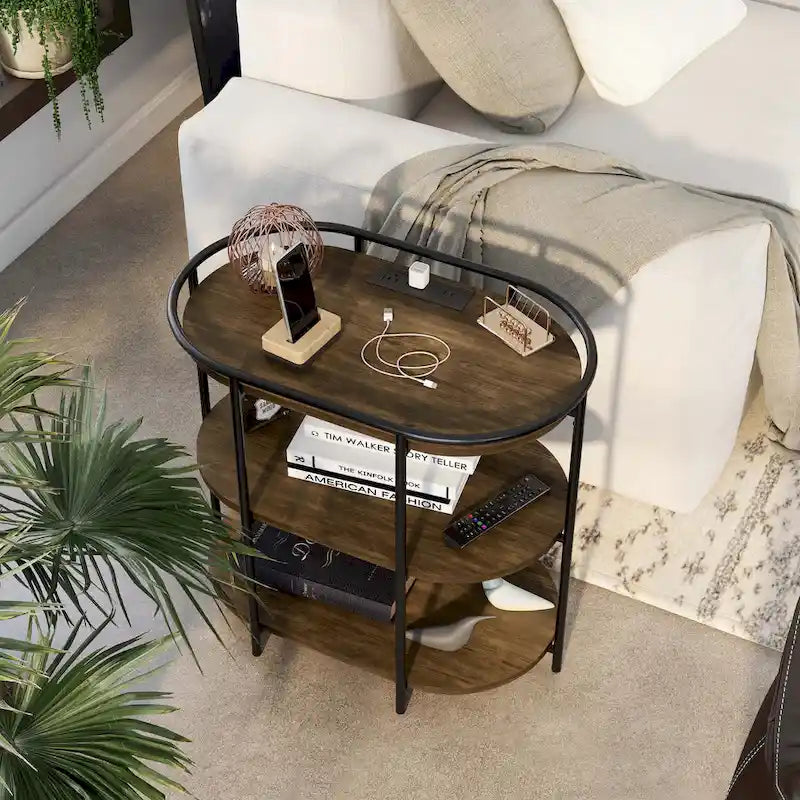 Industrial Brown 26-inch Steel 3-Tiered Side Table with USB Ports and Outlets