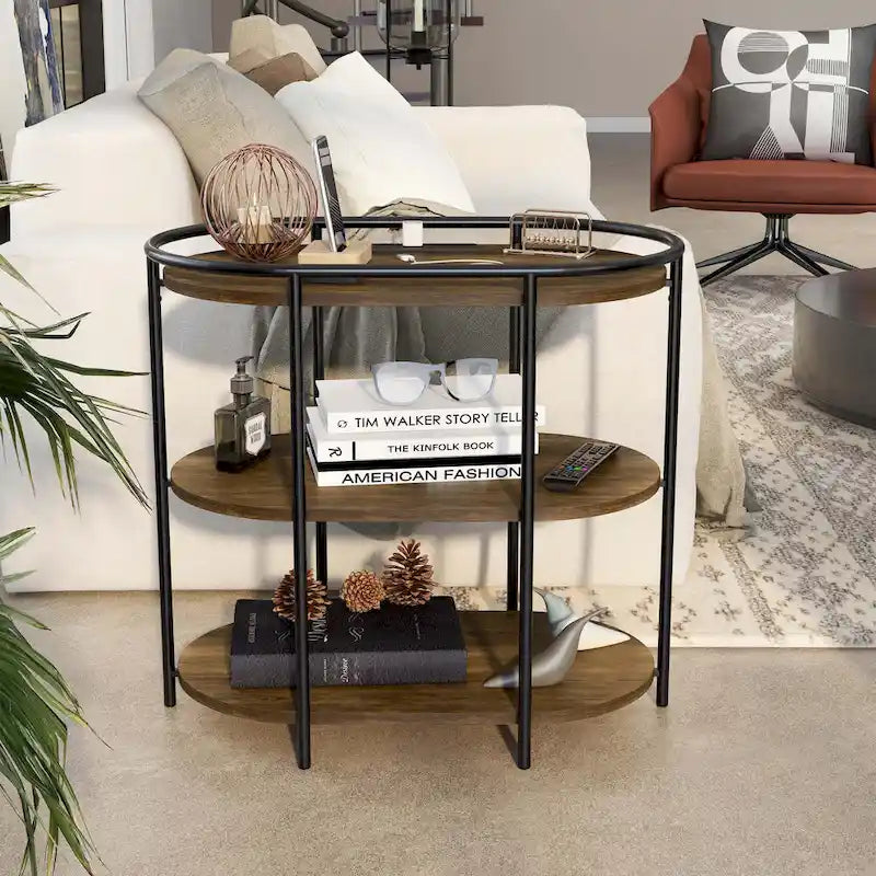 Industrial Brown 26-inch Steel 3-Tiered Side Table with USB Ports and Outlets