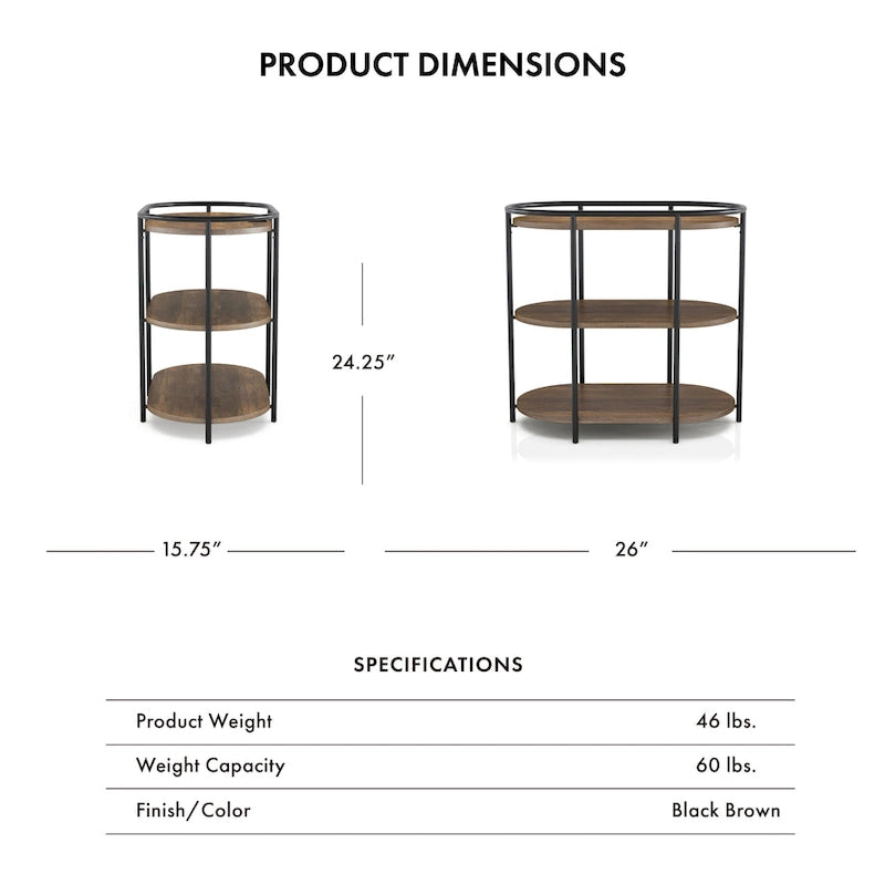 Industrial Brown 26-inch Steel 3-Tiered Side Table with USB Ports and Outlets