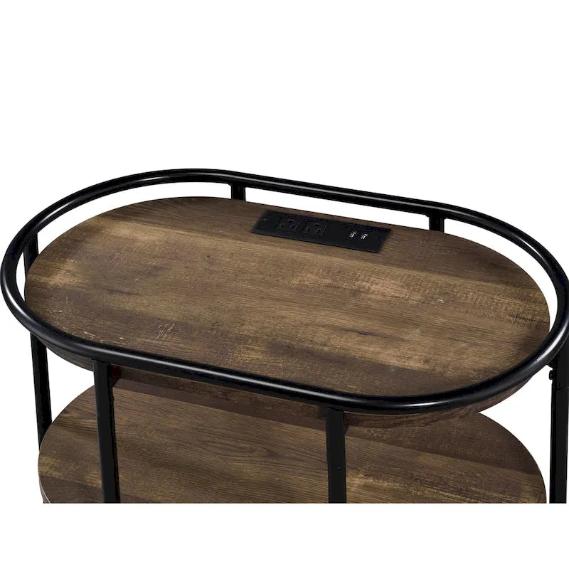 Industrial Brown 26-inch Steel 3-Tiered Side Table with USB Ports and Outlets
