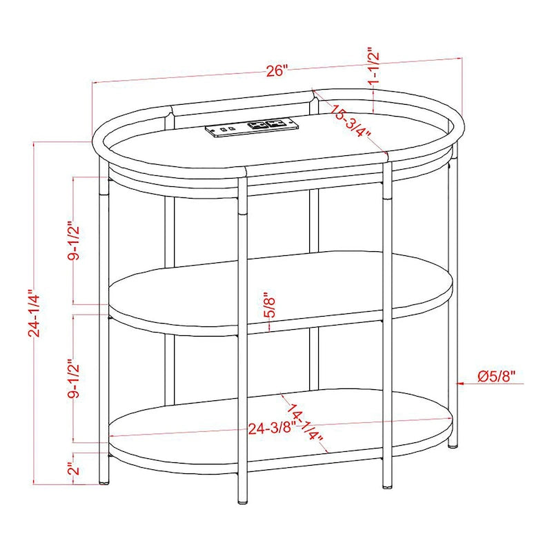 Industrial Brown 26-inch Steel 3-Tiered Side Table with USB Ports and Outlets