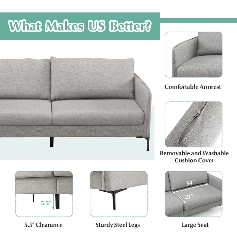Modern 76" Loveseat Sofa with Metal Legs - Gray