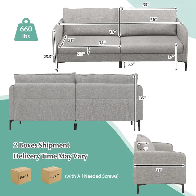 Modern 76" Loveseat Sofa with Metal Legs - Gray