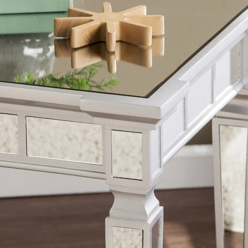 Glam Mirrored Square Side Table with Scalloped Edges