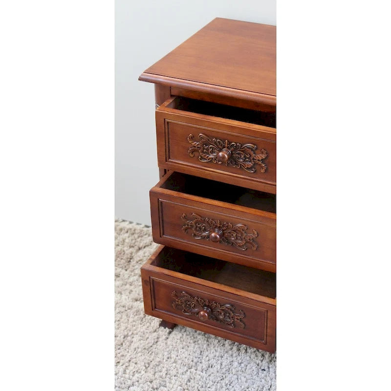 Hand-Carved Wood End Table with 3 Drawers