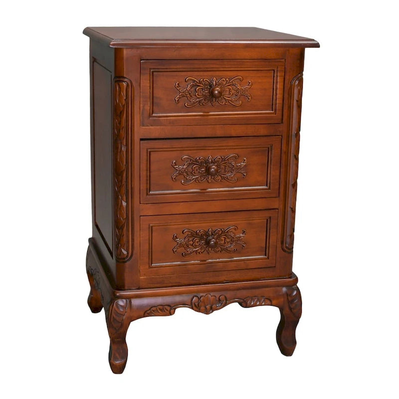 Hand-Carved Wood End Table with 3 Drawers