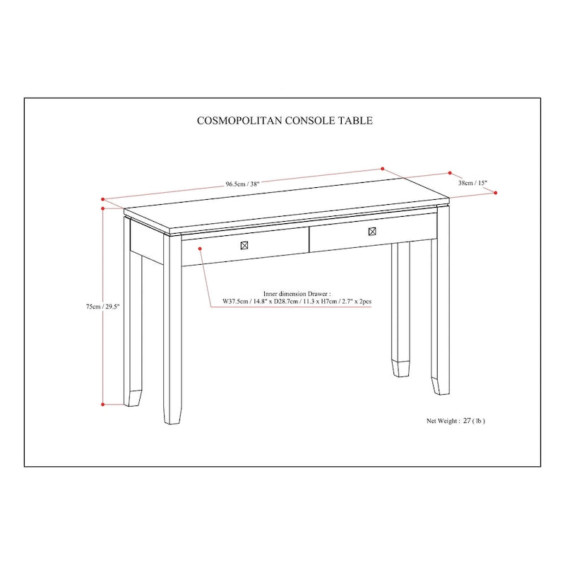 Solid Wood 38-inch Wide Contemporary Console Sofa Table with 2 Drawers