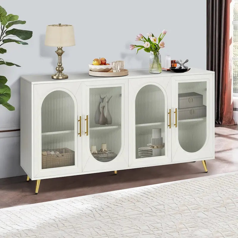 Wood TV Stand with Storage Cabinet and Adjustable Shelves