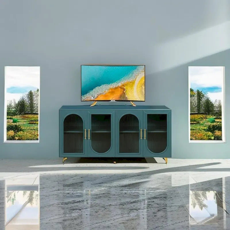 Wood TV Stand with Storage Cabinet and Adjustable Shelves
