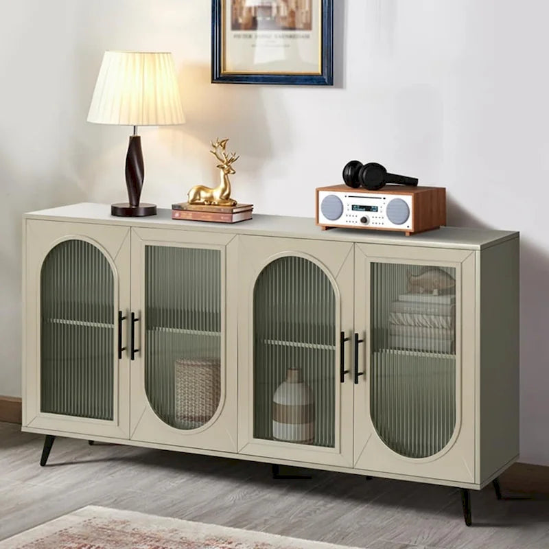 Wood TV Stand with Storage Cabinet and Adjustable Shelves