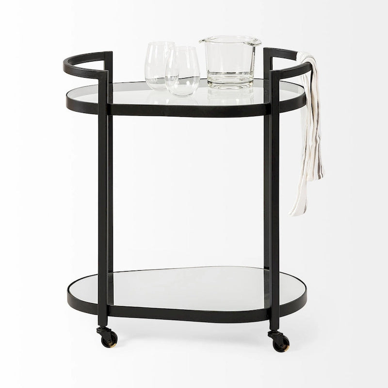 Black Metal Two-Tier Bar Cart with Glass Shelves
