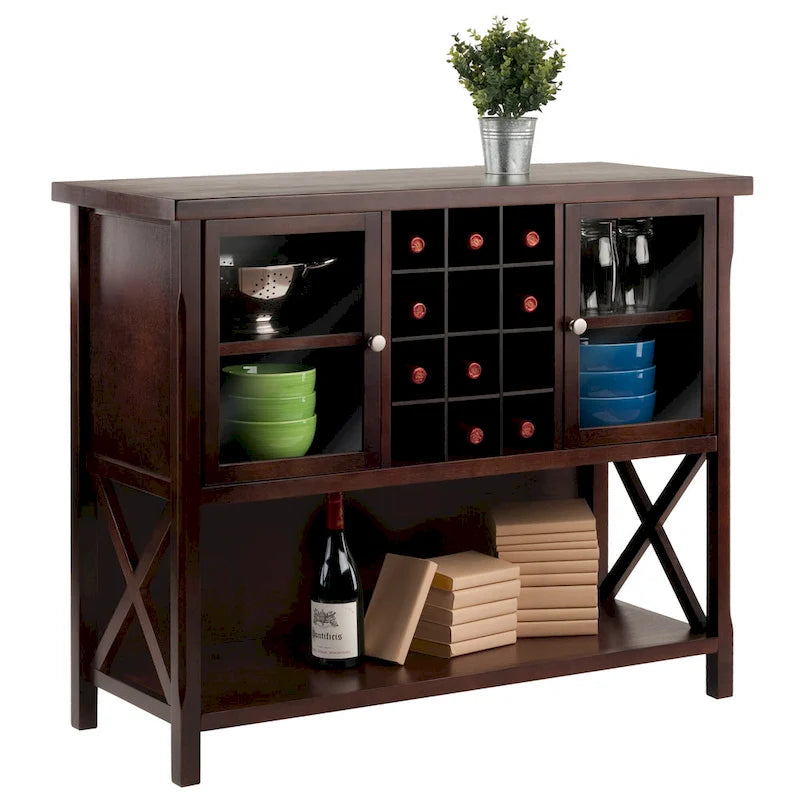 Buffet Cabinet with Wine Grid and Glass Doors, Cappuccino - 43.8W x 18D x 35.9H