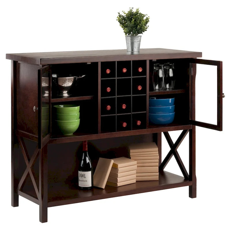 Buffet Cabinet with Wine Grid and Glass Doors, Cappuccino - 43.8W x 18D x 35.9H