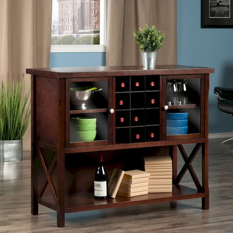 Buffet Cabinet with Wine Grid and Glass Doors, Cappuccino - 43.8W x 18D x 35.9H