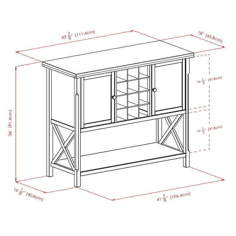 Buffet Cabinet with Wine Grid and Glass Doors, Cappuccino - 43.8W x 18D x 35.9H