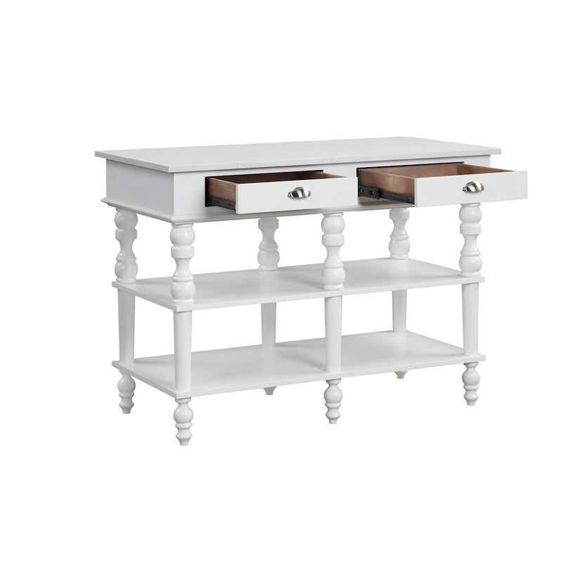 White 2-Drawer Kitchen Island with Faux Marble Top