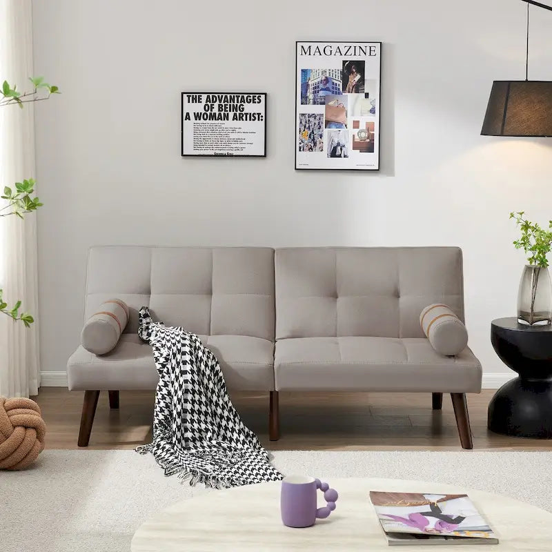 Convertible Sofa Bed Futon with Solid Wood Legs - Mustard Green Linen