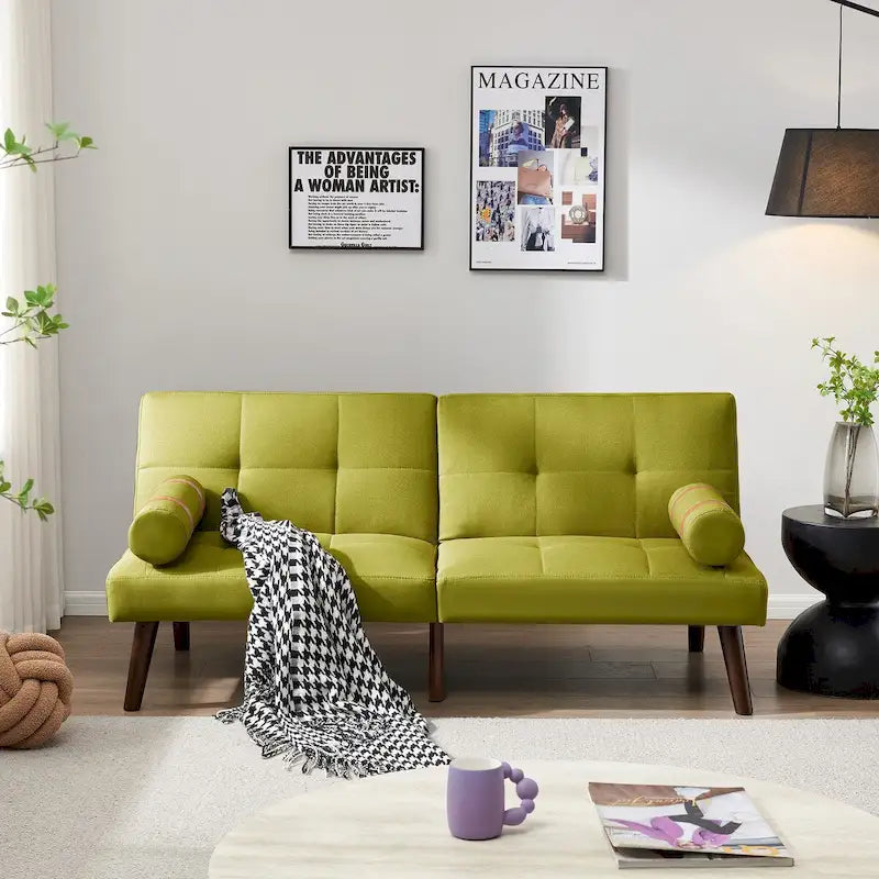 Convertible Sofa Bed Futon with Solid Wood Legs - Mustard Green Linen