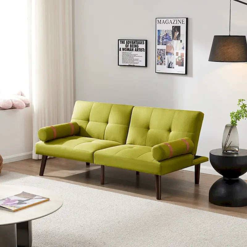 Convertible Sofa Bed Futon with Solid Wood Legs - Mustard Green Linen
