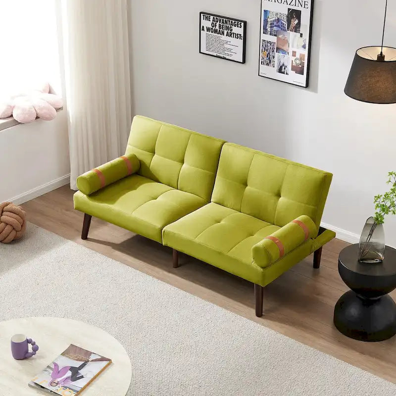 Convertible Sofa Bed Futon with Solid Wood Legs - Mustard Green Linen