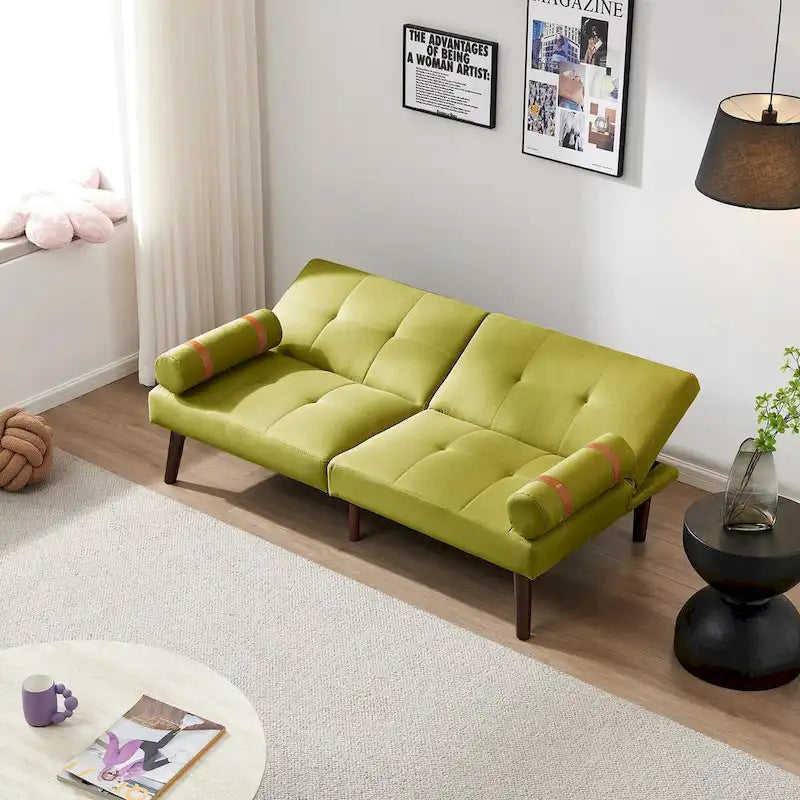 Convertible Sofa Bed Futon with Solid Wood Legs - Mustard Green Linen