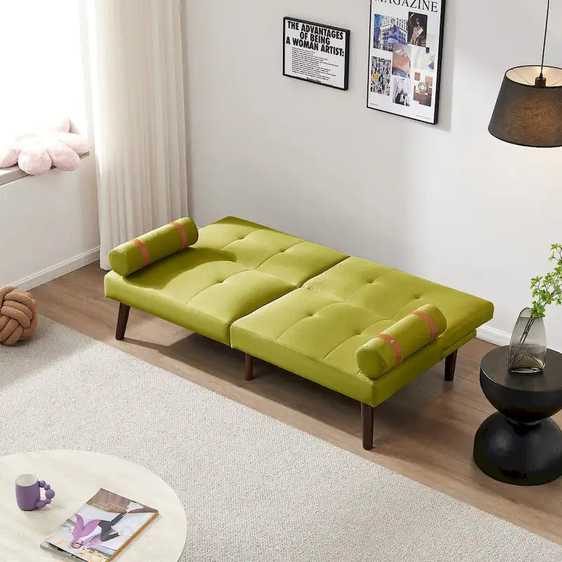 Convertible Sofa Bed Futon with Solid Wood Legs - Mustard Green Linen
