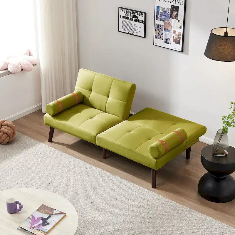 Convertible Sofa Bed Futon with Solid Wood Legs - Mustard Green Linen